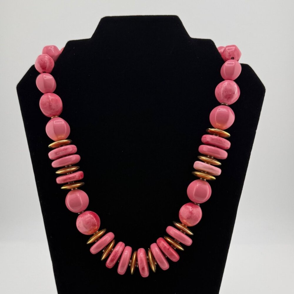 Vintage Made in Italy Pink Beaded/Disc Necklace With Gold-Tone Accents 20" -119g